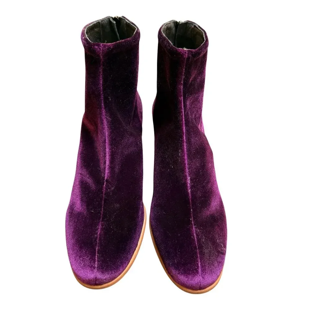 By Anthropologie Velvet Ankle Boots 38 7 Purple Plum Block Heel Booties Shoes